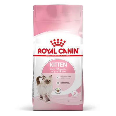 Royal Canin Kitten, jusqu’à 12 mois. Système immunitaire fort, développement cérébral. Image d’un chaton sur l’emballage. Texte en anglais et français visible.