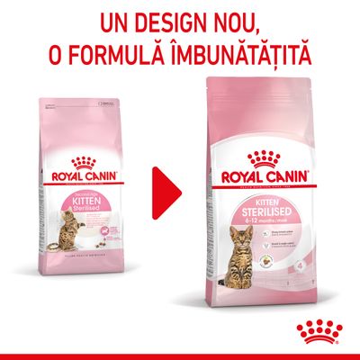 Pachete Royal Canin Kitten Sterilised, vechi și nou, cu text: Un design nou, o formulă îmbunătățită. Ambalajul nou indică 6–12 months/mois și imaginea unui pisoi.