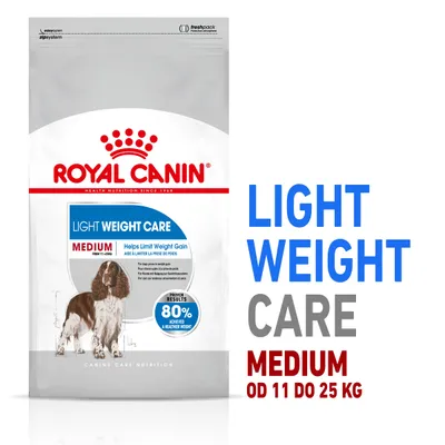 Royal Canin Light Weight Care Medium od 11 do 25 kg. Widoczny pies, tekst: Helps limit weight gain, 80% achieved a healthier weight. Opakowanie z systemem easyopen zip.