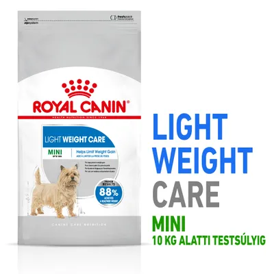 Royal Canin Light Weight Care Mini, 10 kg alatti testsúlyig. Csomagoláson: 88% achieved a healthier weight, Helps limit weight gain, kutya képe látható.