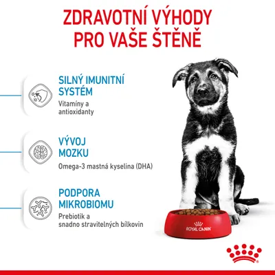 Zdravotní výhody pro štěně: silný imunitní systém (vitamíny a antioxidanty), vývoj mozku (omega-3 mastná kyselina DHA), podpora mikrobiomu (prebiotika, snadno stravitelné bílkoviny).
