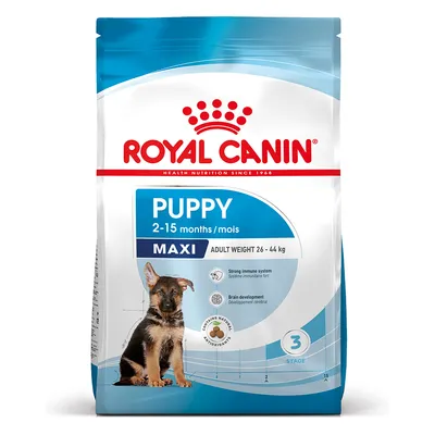 Royal Canin Puppy Maxi, 2–15 months, peso adulto 26–44 kg. Sistema imunitário forte, desenvolvimento cerebral, contém antioxidantes naturais. Imagem de cachorro na embalagem.