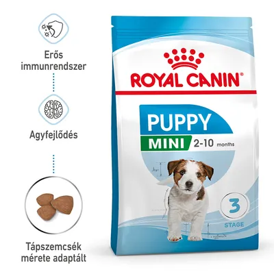 Royal Canin Puppy Mini 2–10 months kutyatáp csomagolás, erős immunrendszer, agyfejlődés, táp szemcseméret adaptált feliratokkal és három tápdarab képe. Royal Canin Puppy Mini 2–10 months kutyatáp csomagolás, erős immunrendszer, agyfejlődés, táp szemcseméret adaptált feliratokkal és három tápdarab képe.