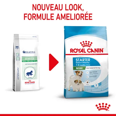 Ancien et nouveau packaging Royal Canin Starter Mother & Babydog Mini, poids adulte jusqu’à 10 kg. Texte visible : Nouveau look, formule améliorée.