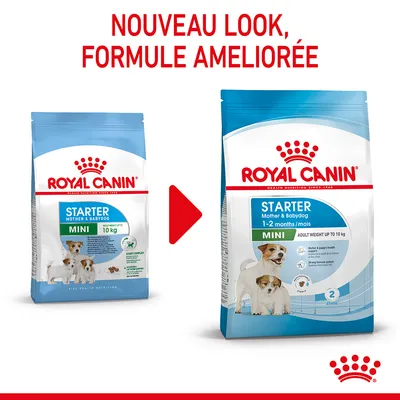 Comparaison de deux paquets Royal Canin Starter Mother & Babydog Mini, ancien et nouveau look, texte visible : 'NOUVEAU LOOK, FORMULE AMELIORÉE', pour chiens jusqu’à 10 kg, 1–2 mois/mois.