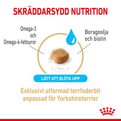 Skräddarsydd nutrition. Omega-3 och omega-6-fettsyror, boragoolja och biotin. Lätt att blöta upp. Exklusivt utformad torrfoderbit anpassad för Yorkshireterrier.