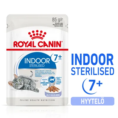Royal Canin Indoor Sterilised 7+ hyytelö, 85 g. Pakkauksessa harmaa kissa ja teksti: suitable for sterilised cats, jelly-gelee-хеле, vitality & renal health.