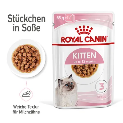 Royal Canin Kitten bis zu 12 Monate, Stückchen in Sosse, 85g x 12. Weiche Textur für Milchzähne.