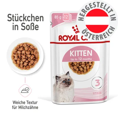 Royal Canin Kitten bis 12 Monate, Stückchen in Soße, weiche Textur für Milchzähne, 85g x12, hergestellt in Österreich. Royal Canin Kitten bis 12 Monate, Stückchen in Soße, weiche Textur für Milchzähne, 85g x12, hergestellt in Österreich.