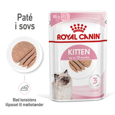 Royal Canin Kitten paté i sovs, 85 g x12, til killinger op til 12 måneder. Blød konsistens tilpasset mælketænder. Billede af paté og kattekilling på emballagen. Royal Canin Kitten paté i sovs, 85 g x12, til killinger op til 12 måneder. Blød konsistens tilpasset mælketænder. Billede af paté og kattekilling på emballagen.