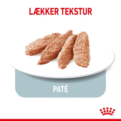 Fire skiver paté på hvid tallerken, teksten 'LÆKKER TEKSTUR' øverst og 'PATÉ' nederst. Rød kronegrafik i hjørnet.