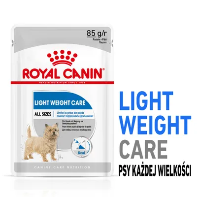 Royal Canin Light Weight Care, 85 g, pasztet dla psów każdej wielkości. Widoczny pies, napis: ALL SIZES, Light Weight Care, psy każdej wielkości.
