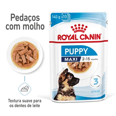 Royal Canin Puppy Maxi 2–15 months, pedaços com molho, embalagem de 140 g x10. Textura suave para os dentes de leite. Imagem do produto e comida húmida em taça.