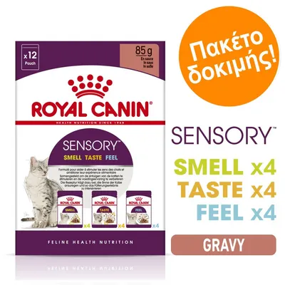 ROYAL CANIN SENSORY SMELL x4, TASTE x4, FEEL x4, GRAVY, 12 φακελάκια των 85g. Πακέτο δοκιμής για γάτες. Εμφανίζεται γάτα και συσκευασίες με τις ενδείξεις SMELL, TASTE, FEEL.