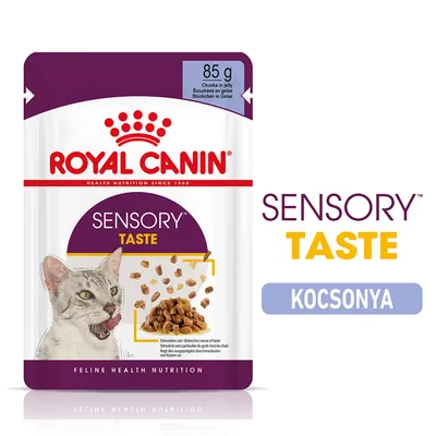 ROYAL CANIN SENSORY TASTE macskaeledel, 85 g, kocsonya. Csomagoláson macska képe és eledel darabok láthatók. Felirat: SENSORY TASTE KOCSONYA. ROYAL CANIN SENSORY TASTE macskaeledel, 85 g, kocsonya. Csomagoláson macska képe és eledel darabok láthatók. Felirat: SENSORY TASTE KOCSONYA.
