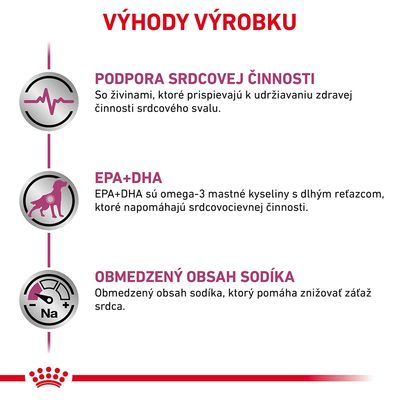 Výhody výrobku: podpora srdcovej činnosti, EPA+DHA pre srdcovocievnu činnosť, obmedzený obsah sodíka na zníženie záťaže srdca. Text v slovenčine.