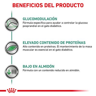 Beneficios del producto: glucomodulación, elevado contenido de proteínas y bajo en almidón. Fórmulas específicas para gatos diabéticos según el texto visible en la imagen.