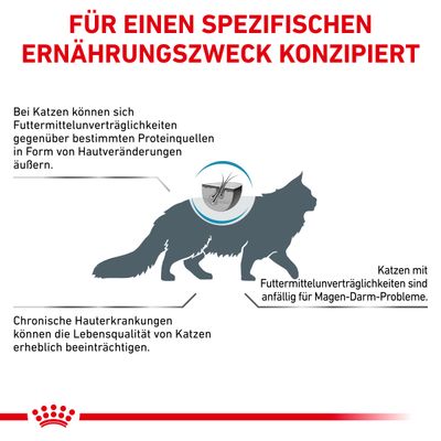 Верхний текст на немецком: FÜR EINEN SPEZIFISCHEN ERNÄHRUNGSZWECK KONZIPIERT. Описание пищевой непереносимости у кошек, схема с силуэтом кошки и увеличенным изображением кожи.