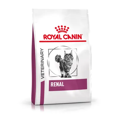 Royal Canin Veterinary Renal Katzenfutter, Verpackung mit Bild einer Katze und lila Akzent.