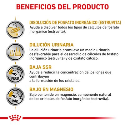 Beneficios del producto: disolución de fosfato inorgánico (estruvita), dilución urinaria, baja SSR y bajo en magnesio. Explicaciones detalladas de cada beneficio visibles en la imagen.