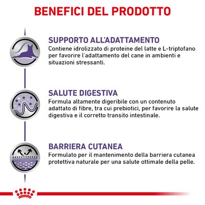 Benefici del prodotto: supporto all’adattamento, salute digestiva, barriera cutanea. Testi esplicativi su idrolizzato di proteine, fibre e mantenimento della barriera cutanea.
