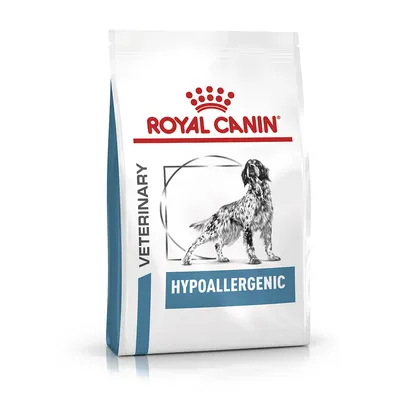 Opakowanie karmy Royal Canin Veterinary Hypoallergenic z ilustracją psa, widoczne napisy: VETERINARY, HYPOALLERGENIC.
