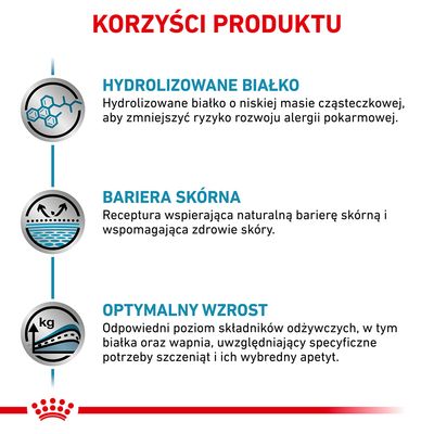 Korzyści produktu: hydrolizowane białko, bariera skórna, optymalny wzrost. Opisy: zmniejszenie ryzyka alergii, wsparcie zdrowia skóry, odpowiedni poziom składników odżywczych dla szczeniąt.