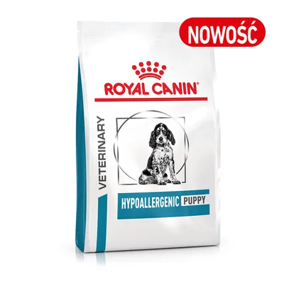 Opakowanie Royal Canin Veterinary Hypoallergenic Puppy z ilustracją szczeniaka i oznaczeniem NOWOŚĆ. Widoczne napisy: VETERINARY, HYPOALLERGENIC PUPPY.