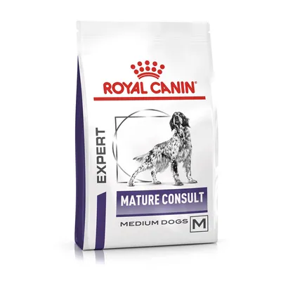 Bag labelled Royal Canin Expert Mature Consult Medium Dogs M, showing product for medium-sized mature dogs.