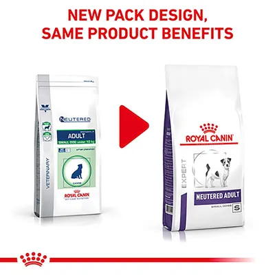Image showing new pack design for Royal Canin Neutered Adult Small Dogs food with unchanged product benefits, featuring old and new packaging side by side.