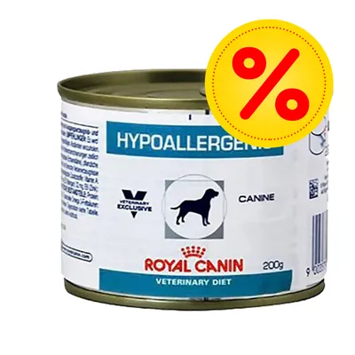 Royal Canin Veterinary Diet Hypoallergenic koiran märkäruoka 200 g, tarjousmerkki näkyvissä purkin päällä
