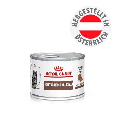 ROYAL CANIN Gastrointestinal Kitten Ultra Soft Mousse, hergestellt in Österreich, Dose mit Katzenabbildung und Text Veterinary