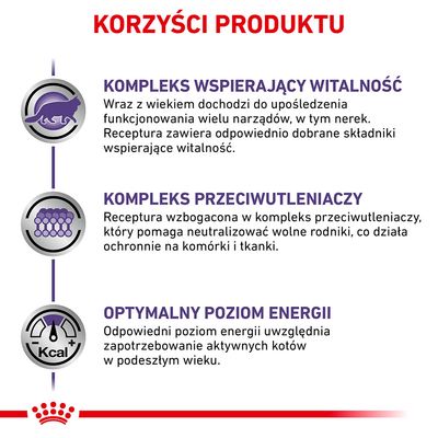Korzyści produktu: kompleks wspierający witalność, kompleks przeciwutleniaczy, optymalny poziom energii. Szczegółowe opisy dotyczą wsparcia narządów, ochrony komórek i energii dla kotów.