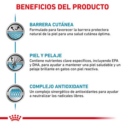 Beneficios del producto: barrera cutánea, piel y pelaje, complejo antioxidante. Incluye descripciones sobre protección de la piel, nutrientes EPA y DHA, y antioxidantes contra radicales libres.