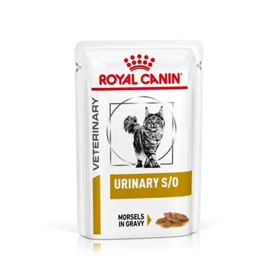 Royal Canin Veterinary Urinary S/O, bitar i sås. Förpackning med kattbild och gyllene textfält.