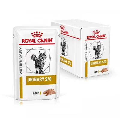 Royal Canin Veterinary Urinary S/O Loaf, våtfoder för katter. Förpackning med bild av en katt och synlig produktbeskrivning.
