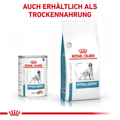 ROYAL CANIN HYPOALLERGENIC для собак, влажный и сухой корм. Надпись на немецком: AUCH ERHÄLTLICH ALS TROCKENNAHRUNG.