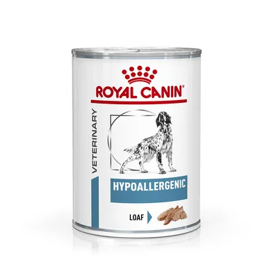 Boîte de pâtée pour chien Royal Canin Veterinary Hypoallergenic Loaf, illustration de chien, texte HYPOALLERGENIC et LOAF visibles sur l’étiquette. Boîte de pâtée pour chien Royal Canin Veterinary Hypoallergenic Loaf, illustration de chien, texte HYPOALLERGENIC et LOAF visibles sur l’étiquette.