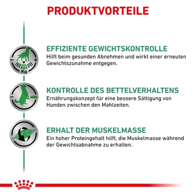 Produktvorteile: Effiziente Gewichtskontrolle, Kontrolle des Bettelverhaltens, Erhalt der Muskelmasse. Unterstützt gesunde Gewichtsabnahme und Sättigung bei Hunden.