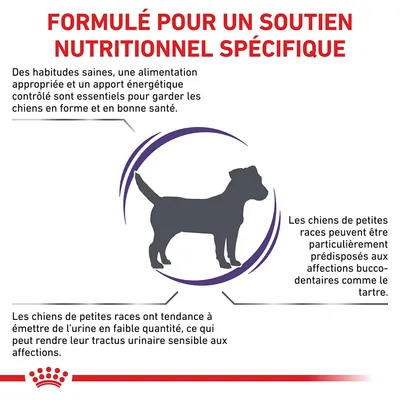 Formulé pour un soutien nutritionnel spécifique. Les chiens de petites races peuvent être prédisposés aux affections bucco-dentaires et urinaires. Habitudes saines recommandées.