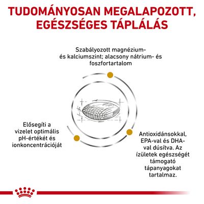 Tudományosan megalapozott, egészséges táplálás; szabályozott magnézium- és kalciumszint, alacsony nátrium- és foszfortartalom, antioxidánsok, EPA, DHA, optimális vizelet pH.
