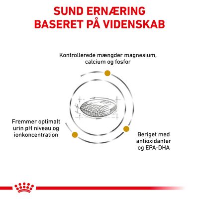 Sund ernæring baseret på videnskab. Kontrollerede mængder magnesium, calcium og fosfor. Fremmer optimalt urin pH niveau og ionkoncentration. Beriget med antioxidanter og EPA-DHA.