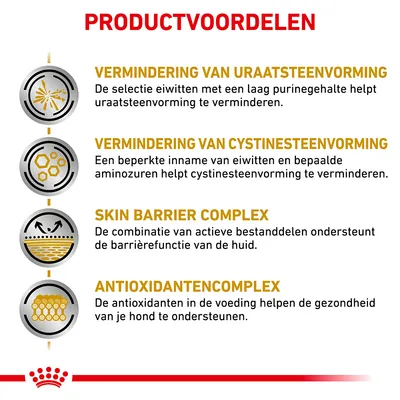 Productvoordelen: vermindering van uraatsteen- en cystinesteenvorming, skin barrier complex ter ondersteuning huidbarrière, antioxidantencomplex voor gezondheid hond.