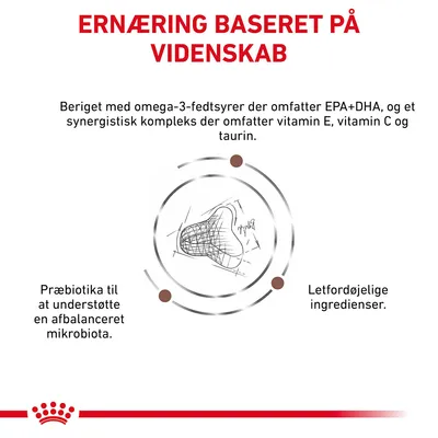 ERNÆRING BASERET PÅ VIDENSKAB. Beriget med omega-3-fedtsyrer EPA+DHA, vitamin E, C og taurin. Præbiotika til afbalanceret mikrobiota. Letfordøjelige ingredienser.