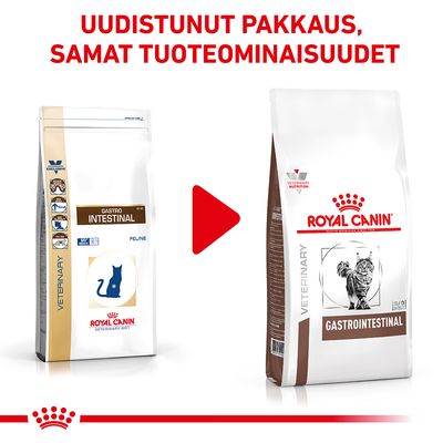 Royal Canin Gastrointestinal kissanruoan pakkausmuutos: vasemmalla vanha, oikealla uusi pakkaus. Ylhäällä teksti 'Uudistunut pakkaus, samat tuoteominaisuudet'.