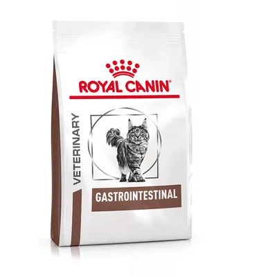 Royal Canin Veterinary Gastrointestinal -kissanruokapakkaus, etupuolella harmaa kissakuva ja tuotteen nimi näkyvissä.