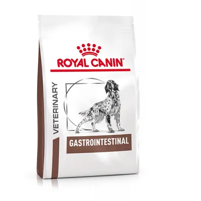 Saco de pienso para perros Royal Canin Veterinary Gastrointestinal, con ilustración de perro y texto visible en el envase.