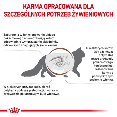 Karma opracowana dla szczególnych potrzeb żywieniowych kotów; opis problemów trawiennych, konieczności karmy z podwyższonym poziomem włókna i tworzenia kul włosowych w przewodzie pokarmowym.