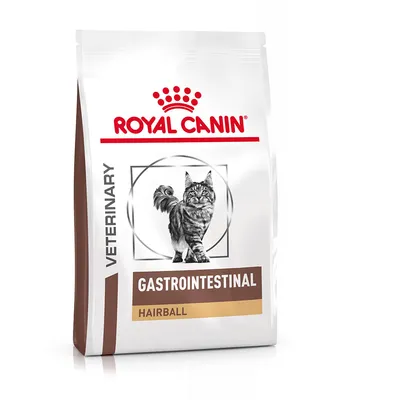 Royal Canin Veterinary Gastrointestinal Hairball torrfoder, bild på katt på förpackningen. Synlig text: GASTROINTESTINAL HAIRBALL, VETERINARY.
