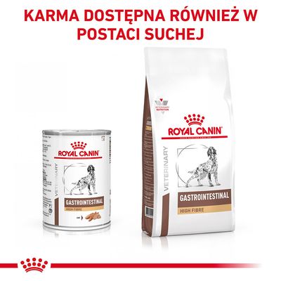 ROYAL CANIN GASTROINTESTINAL HIGH FIBRE karma mokra i sucha dla psów. Napis: KARMA DOSTĘPNA RÓWNIEŻ W POSTACI SUCHEJ.